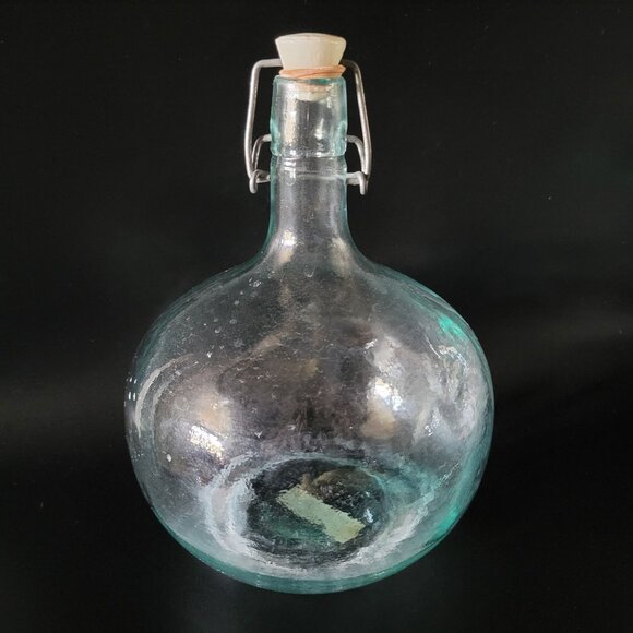 Vtg Blown Green Glass Bottle Wire Bail  Porcelain Stopper Made in Italy, Rustic - Picture 4 of 10